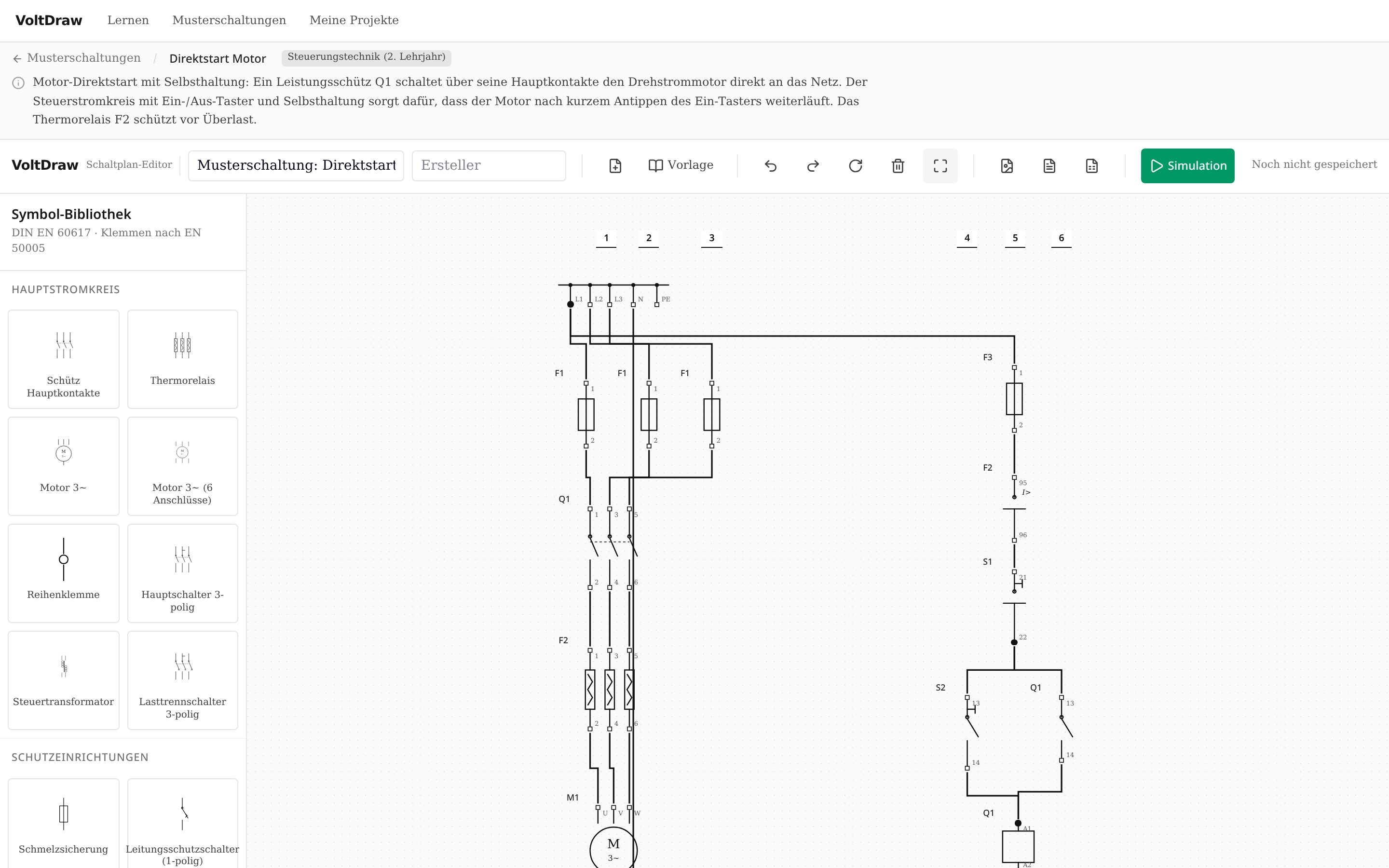 Editor mit Symbol-Bibliothek nach DIN EN 60617 links (Hauptstromkreis, Schutzeinrichtungen) und normgerecht verdrahteter Direktstart-Schaltung auf dem Zeichenblatt.