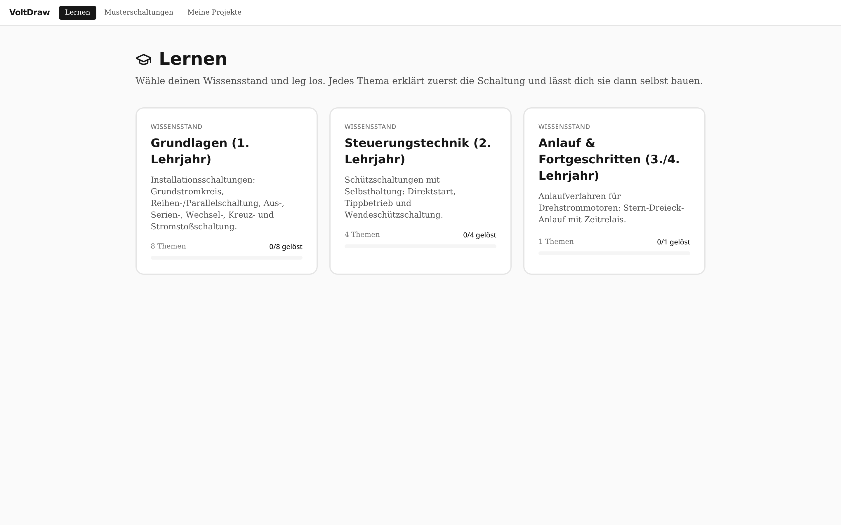 Lern-Startseite von Elektro-Erfolg Studio mit drei Wissensstand-Karten: Grundlagen (1. Lehrjahr), Steuerungstechnik (2. Lehrjahr), Anlauf & Fortgeschritten (3./4. Lehrjahr).